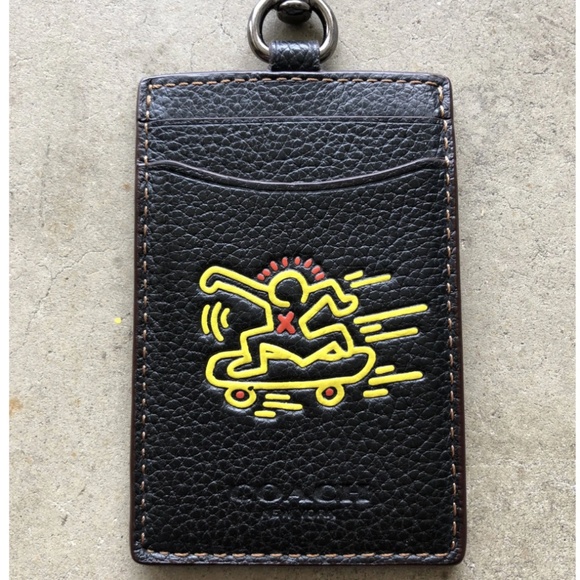 Coach X Keith Haring LEATHER SKATEBOARD LANYARD ID HOLDER CASE BLACK NO TAG - Picture 5 of 6